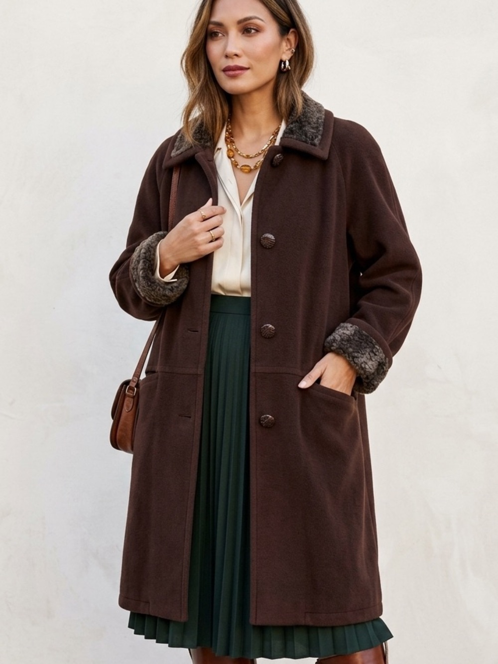Vintage Chocolate Brown Wool blend Fleece Pea Coat Faux Fur Collar Cuffs Jacket